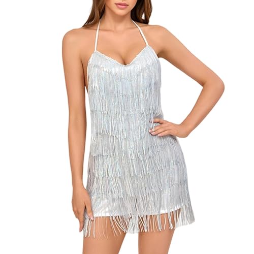 Image of Women's Sequin Fringe Romper Jumpsuit Backless Shorts Dress Sparkly Glitter Jumpsuits Disco Outfit Nightclub Party