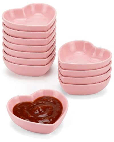 Zitonyang Heart Shaped Bowls 12 Set White Ceramic Valentines Day Plates Wedding & Mothers Day Gift Appetizer Salad Plates Candy & Sauce Dishes Sushi Dipping Bowls Small Serving Bowls (Pink)