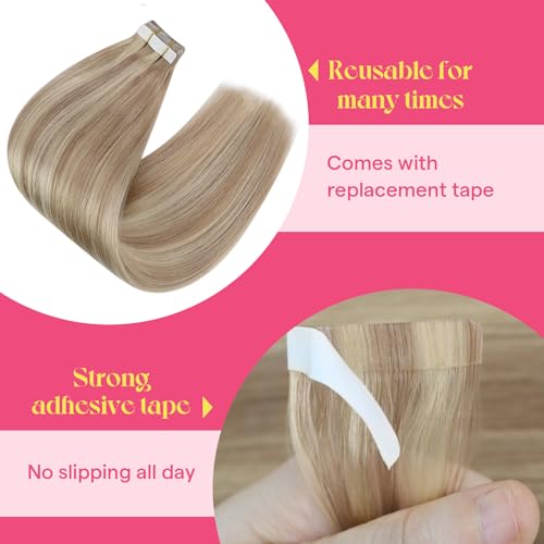 Image of Ve Sunny Hair Tape in Extensions 22Inch Long | Ash Blonde Highlight Bleach Blonde,50g 20Pcs,Silky Smooth,for Party