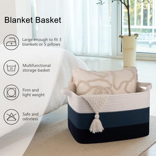 Image of OIAHOMY Blanket Basket, Rectangle Woven Baskets, Nursery Blanket Storage Living Room, Toy Storage With Handle, Large Baskets for Organizing-17.7 inchx13.8 inchx11 inch-Gradient Blue