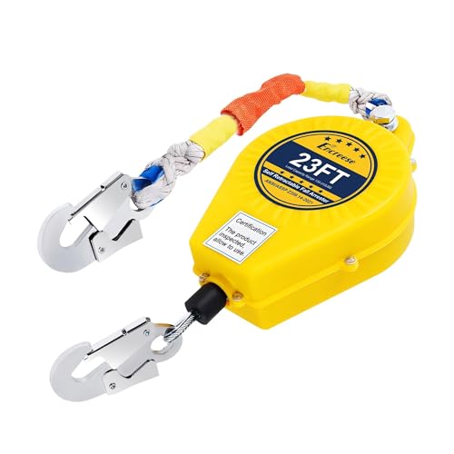 Encreese Self Retractable Lifeline Fall Protection Arrester 23FT Double Locking Safety Rope Fall Arrest Gear, Dual Alloy Steel PPE shell Heavy Duty Hook Cable Wire Roofing Rope Lifeline Safety Lanyard