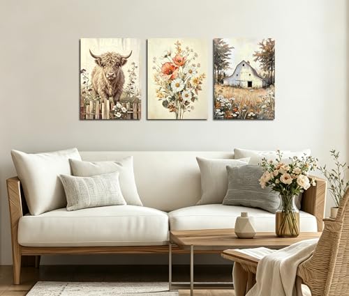 Image of Frimeeme Wildflower Farmhouse Poster Set of 3, 12x16 Inch | Highland Cow Wall Art,Unframed Prints