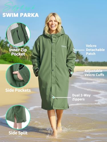 Owntop Wasserdichter Wickelmantel für Damen Herren – Quick-Dry Strand Schwimm Mantel, Winddichter Übergroßer Langarm Mantel mit Kapuze, Grün+Grau, L(175-180CM/70-80KG)