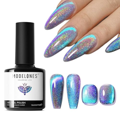 Image of modelones 9D Magnetic Cat Eye Gel Nail Polish, Holographic Blue Purple Rainbow Shimmer, 15ML UV LED Soak Off Gel Manicure Design - Reflective Top Coat for Women & Girls