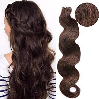 Tape in Human Hair Extensions Body Wave 20pcs 40g/pack Glue in Remy Hair Dark Brown Invisible Skin Weft PU Tape in Hair Extension 18inch for Women, no Dropping