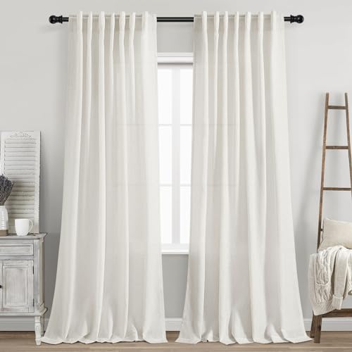 Image of Nanspring Cream Linen Back Tab Curtains 86 Inch Length for Living Room 2 Panel Set Farmhouse Window Semi Sheer Linen Drapes Rustic Pinch Curtain for Bedroom 52X86