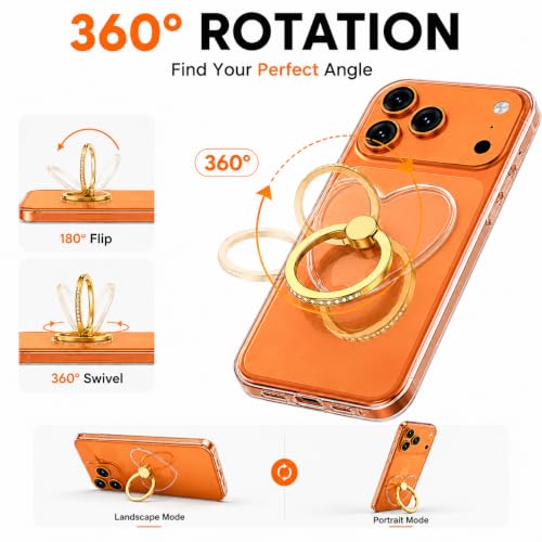 Image of Mizi 2Pack Transparent Heart Phone Ring Holder Kickstand, Bling Crystal Finger Grip Stand with 360 Rotation for iPhone, Samsung, Android Phones & Cases - Gold