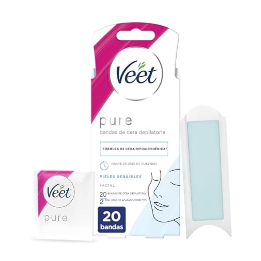 Veet Pure Bandas de Cera Fría Depilatoria para Depilación Facial Adecuado para Labio Superior (Bigote), Fórmula de Cera Hipoalergénica para Pieles Sensibles, 20 Tiras