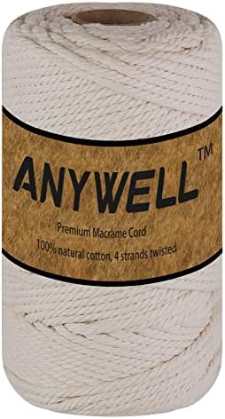 ANYWELL 3-6mm Macrame Cord 3mm x 200m, DIY Craft Cotton String Rope, Corde Macramé, Not Dyed, Natural Color Handmade Soft 4 Strand Twisted, Wall Hanging, Plant Hanger, Jewellery Making, Knitting