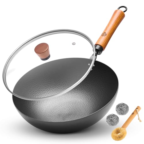 WANGYUANJI Carbon Steel Wok Pan 11 Inch - Round Bottom Traditional Pow Wok (Requires Gas Stove & Wok Ring) - No Coating Hand Hammered Stir Fry Pan with Lid & Detachable Handle
