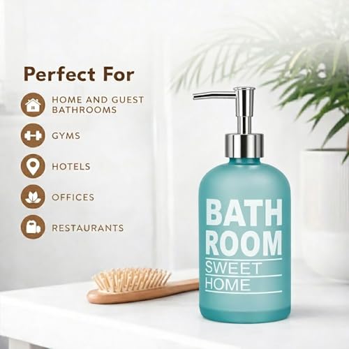 Image of Luxe Home International Bathroom Sweet Home Print Glass Soap Dispenser for Bathroom and Kitchen Sink Leak Proof Liquid Hand Wash Round Bottle Lightweight Smooth Finish (19.5x7.5 cm Aqua) Pack of 1