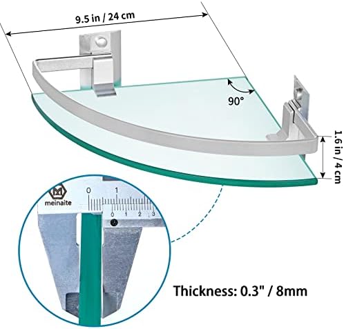 Skelang 2Pcs Bathroom Shower Caddy with Rail, Wall Mounted 240x240mm Shampoo Holder Organizer with 8 Brackets, 8mm Thick Tempered Glass Corner Shelf for Kitchen, Living Room, Bedroom