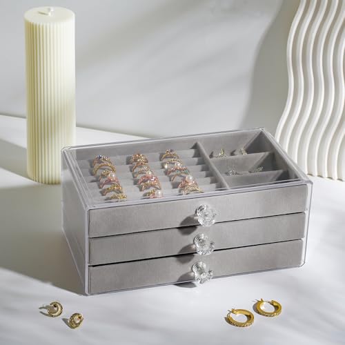 CHARMDI Acrylic Jewellery Box for Women with 3 Drawers, Girls Jewellery Storage with Dividers,Organiser box for Rings Bangle Bracelet Necklace and Earring Grey - Cosy Home Interiors CHARMDI Acrylic Jewellery Box for Women with 3 Drawers, Girls Jewellery Storage with Dividers,Organiser box for Rings Bangle Bracelet Necklace and Earring Grey - Image 4
