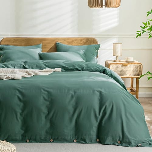 Image of JELLYMONI Cotton Duvet Cover Queen Size - Dark Green Comforter Cover with Button 100% Washed Cotton 3PCS Breathable Soft Solid Bedding Set Duvet Cover 90x90in & 2 Pillowcases (NO Comforter)
