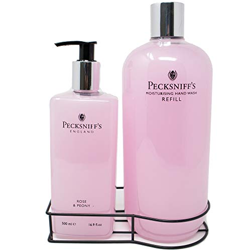 Pecksniff's Moisturizing Hand Wash 16.9 Oz with a Pump & 33.8 Oz Refill Bottle and a Cradle | Gift Set (Rose & Peony)