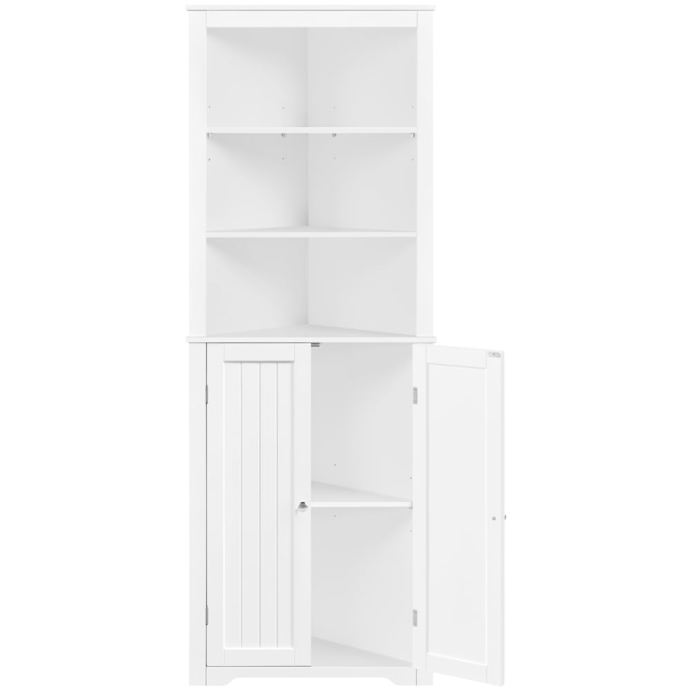 Yaheetech Mueble de Baño de Esquina Gabinete Triángulo 163x60x43cm Blanco | con 3 Estantes de Madera Abiertos y 1 Armario de 3 Alturas Ajustables con Protección Antivuelco