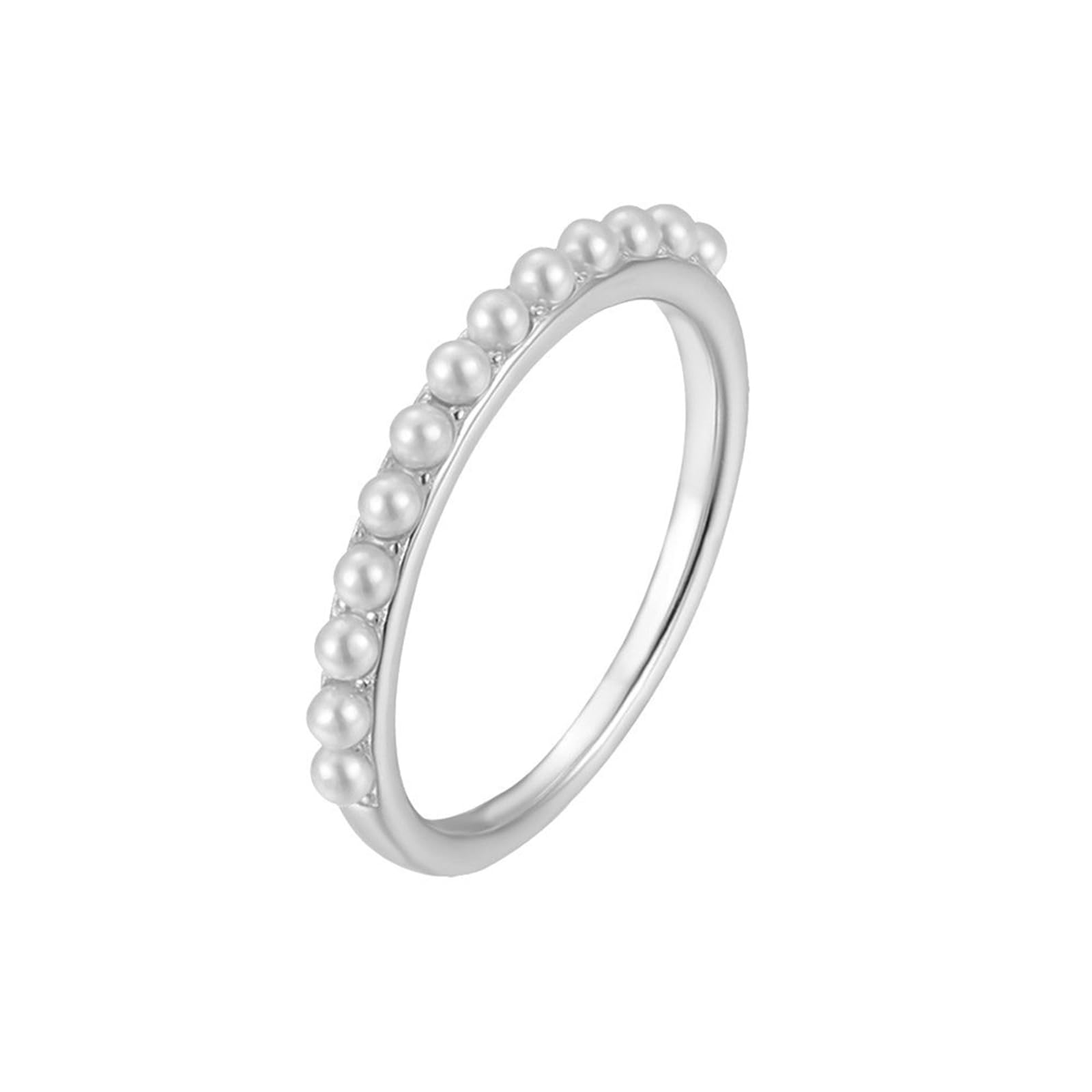 Eternity Band pierścionek damski białe złoto z perłą kamieniem szlachetnym, pierścionek złoty, zaręczyny, 14-karatowe białe złoto, rozmiar 47 (15,0)