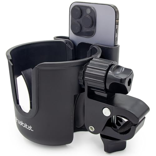Image of Habitat Universal Stroller Cup Holder Attachment with Phone Holder - Adjustable Drink and Phone Organizer for Baby Strollers,Walkers, Bikes & Scooters, Parent Gift