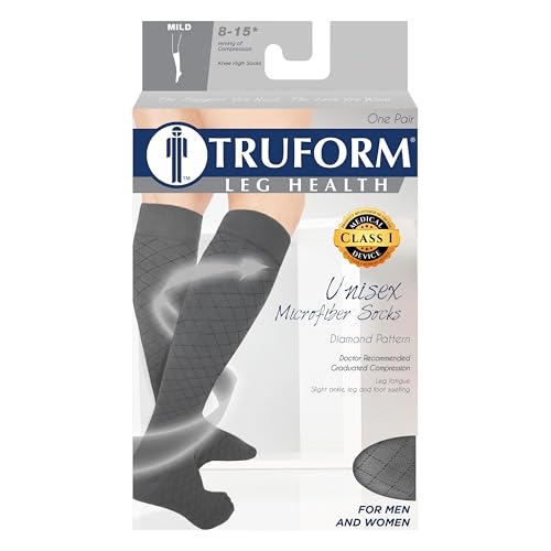 Image of Truform Pattern Compression Socks, 8-15 mmHg, Men & Women's Diamond Knit Dress Socks, Knee High Over Calf Length, Charcoal, Medium