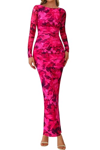 Image of PRETTYGARDEN Women's Long Sleeve Bodycon Dresses 2026 Spring Sexy Floral Mesh Slit Ruched Tight Maxi Wedding Guest Dress