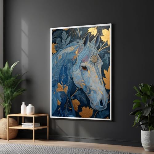 Tableau de cheval bleu moderne 60x90 cm sur toile imprimée pour salon