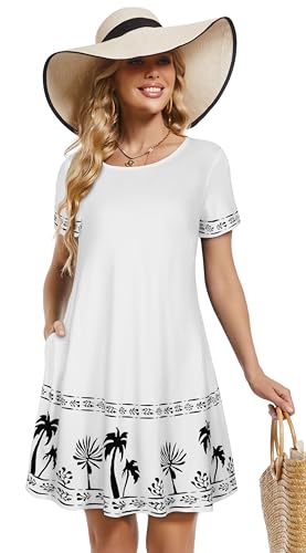 Image of Summer Dresses for Women Casual Tshirt Short Sleeve Floral Sundress Beach Cover Ups with Pockets(White Tree, 3XL1)