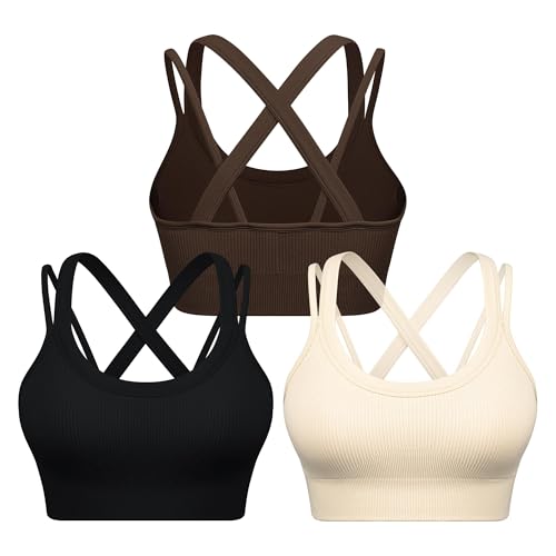 WANAYOU Sports Bras for Women High Support Ribbed Strappy Running Sports Bra Criss Cross Back Workout Bra Padded 3 Pack