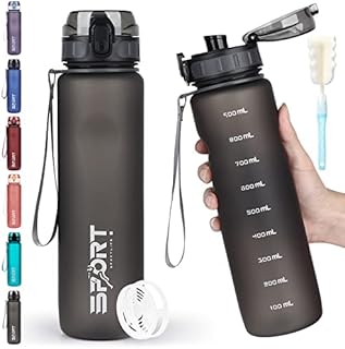 HASAGEI Water Bottle 1L Sports Water Bottle Leak-proof Drinking Bottle Dishwasher Safe BPA Free Sports Bottle with Capacity Scale for Bicycle, Outdoor, School, Gym (Frosted Black), (SH0006)