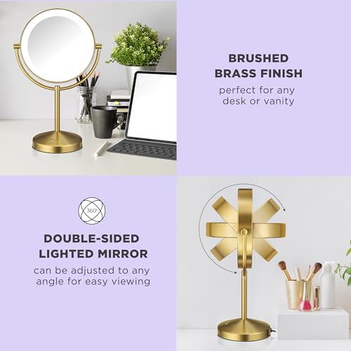 Conair Lighted Makeup Mirror, Double-Sided LED Vanity Mirror with 1X/10X Magnification, 3 Light Settings, 3 Modes, 360° Rotation, Brushed Brass Finish