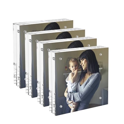 Hexsonhoma Marco de fotos cuadrado acrílico de 7,5 x 7,5 cm, 4 unidades, marco de fotos para 7,5 x 7,5 o 5 x 5, marco grueso de doble cara para escritorio, soporte de puntas pequeñas, independiente