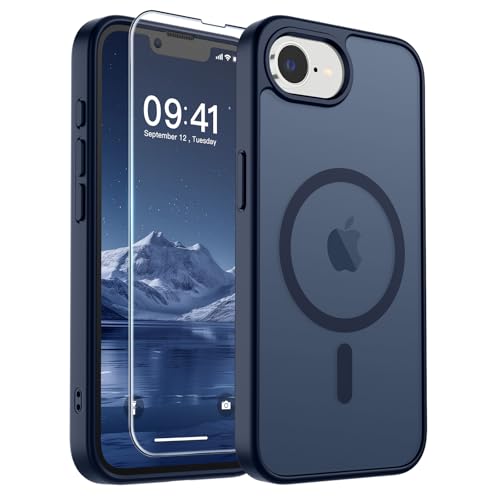 Image of SUPFINE Magnetic for iPhone 17e Case /iPhone 16e Case with Screen Protector (Compatible with MagSafe) (Military Grade Drop Protection) Translucent Matte Shockproof Phone Cover,Dark Blue