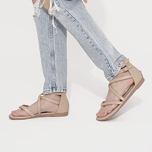 Centropoint Women's Gladiator T-Strap Flat Sandals Roman Cross Strappy Sandal Open Toe Back Zip Beach Fisherman Shoes(Beige Pu, Numeric_7.5) #TOP1