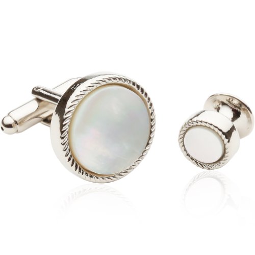 Cuff-Daddy Mother Of Pearl Cufflinks And Studs Tuxedo Silver-Tone Cufflinks Round Ribbed Tuxedo Formal Set With Presentation Gift Box Unique Designed French Cuff Links Mens Wedding Business For Men #TOP1