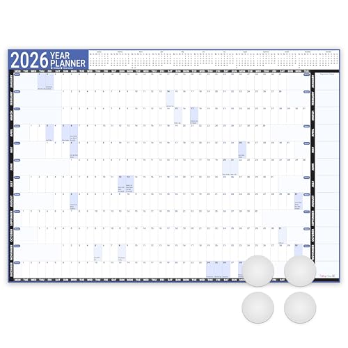 Giftinghouse Planificador de pared 2026 laminado A3 – Tamaño ideal (29,7 x 42 cm) – Calendario de pared con vista anual completa del Reino Unido con pegatinas de montaje para el hogar, oficina