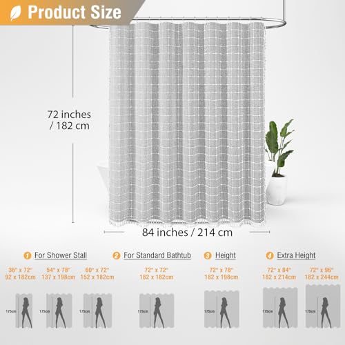 Image of BTTN 84 Inch Wide Shower Curtain - W84xH72 Inch Linen Boho Farmhouse Fabric Shower Curtain Set with 14 Plastic Hooks, Large Country Thick Water-Resistant Cloth Bath Curtains for Bathroom - Grey /Gray