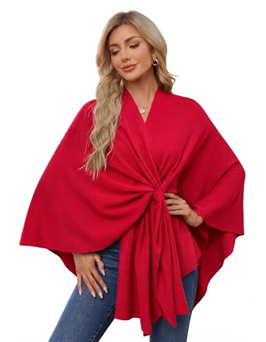 PULI Women's Elegant Shawl Wraps Soft Open Front Poncho Sweater for Spring Fall Winter red