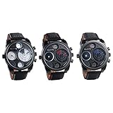 JewelryWe 3pcs Herren Uhren Quarz Analog Zwei Zeitzone Armbanduhr Männer Leder Band Sportuhr Uhr mit großem Radarartigen Zifferblatt