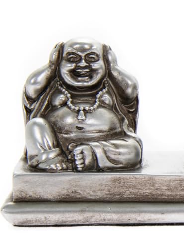 Three Wise Buddhas - See No Evil Hear No Evil Speak No Evil - Lovely Laughing Buddha Ornament in Antique Silver Colour (Silver)