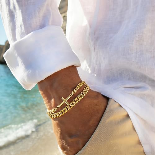 MosFlor Gold Cross Bracelets for Men, Mens Gold Bracelet Set Stainless Steel Cuban Link Chain Bracelets Stack Gold Jewelry Men's Accessories Gifts for Men Dad Him Husband Son Boyfriend by MosFlor - Used condition - Image 5