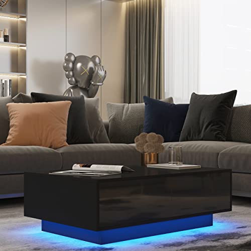Woodyhome Led Coffee Tables For Living Room Black Coffee Table With Large Storage High Gloss Coffee Table With 16 Colors Led Lights And 4 Drawer Center Table Modern Home Furniture #TOP6