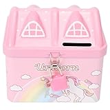 Wakauto Unicorn House Shaped Metal Piggy Bank with Lock Unbreakable Money Bank Girls Saving Box for Birthday Tinplate Coin Storage and Money Saving