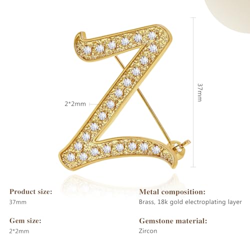 Image of Cicy Bell A-Z Initial 26 Letter Brooch Pins 18k Gold Plated Cubic Zirconia Breastpin Name Personalized Gifts for Women Men