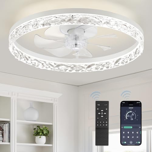 LEDIARY 20' Modern Ceiling Fans with Lights and Remote, Dimmable Low Profile Ceiling Fan, Flush Mount Ceiling Fan, Stepless Color Temperature Change and 6 Speeds - White
