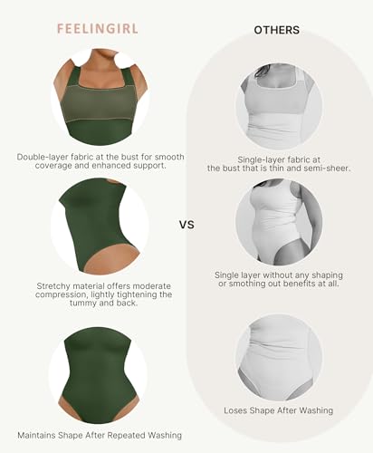 Image of FeelinGirl Bodysuits for Women Seamless Square Neck Tummy Control Compression Thong Shapewear Bodysuit Tank Tops Bodysuit