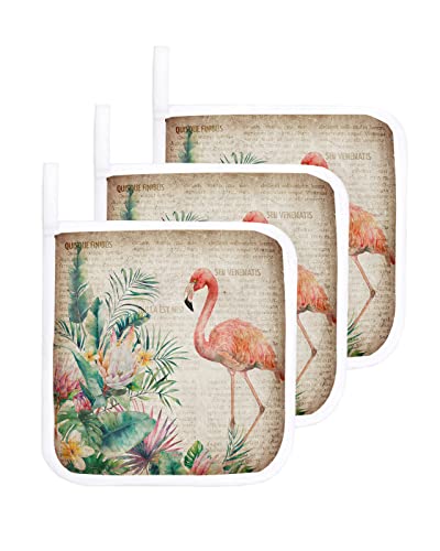 Tropical Watercolor Flamingo Protea Flowers Plant Kitchen Potholder Heat-Proof Pot Holders Retro Newspaper Washable Potholders Hot Pad For Cooking Baking Bbq,Set Of 3 #TOP27