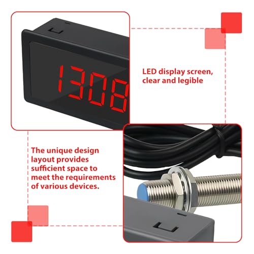4 Digitaler Drehzahlmesser, Digitaler LED Drehzahlmesser, Motordrehzahlmesser mit Hall Näherungsschalter Sensor NPN, Eingang 10-9999RPM Bereich, Geschwindigkeit Meter Panel für Auto Anzeige(Rot)