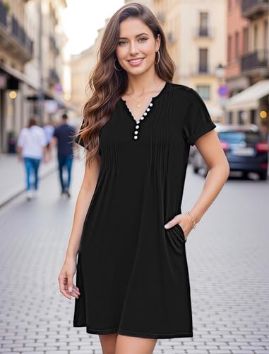 Image of Soesdemo Short Sleeve Dress for Women Bohemian V Neck Button Down Pleated Casual Flower Womens Dresses with Pockets
