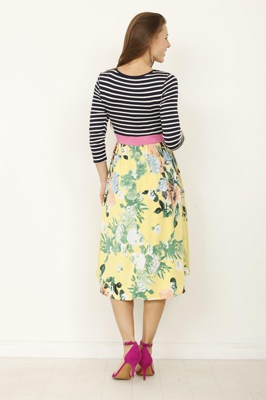 Image of Eloges Women's 3 /4 Sleeve Contrast Waist Band Floral Curved Hem Midi Dress