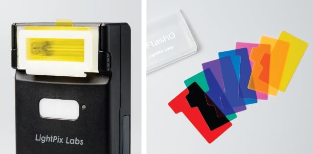 Close-up of FlashQ Q20III flash head with a yellow color gel inserted