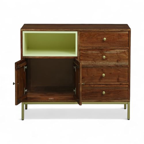 Image of Kalki Solid Wood 4-Drawer Storage Chest | Elegant Drawer Cabinet | Multi-Purpose Storage Cabinet | Finish - Tubaq & Off-White